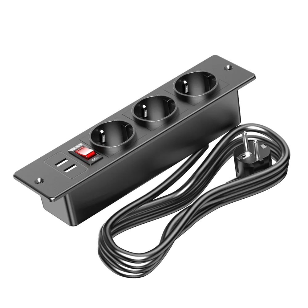 Einbau-Steckdosenleiste mit 3 AC-Steckdosen, 2 USB-A-Anschlüssen (5V 2.1A) und Schalter, 1,5 m Verlängerungskabel für Schlafzimmer und Küche