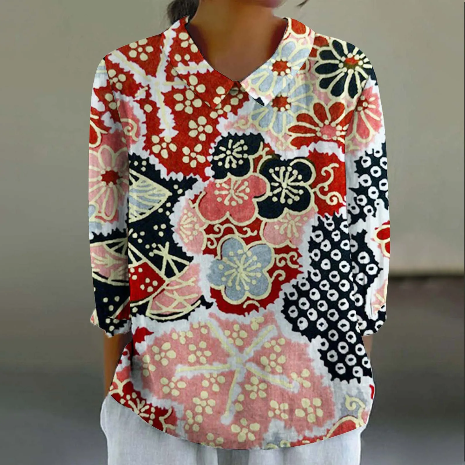 Summer Floral Print Blouse Women Casual Solid Shirts 3/4 Puff Sleeve Buttons Cotton Blusas Work Tops Casual Party Tunic 2024