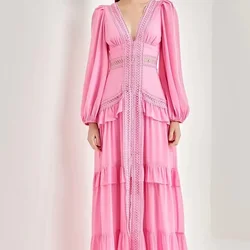 Purple Chiffon Skirt 2024 Autumn V-neck Ruffled Lace Splicing Slit Gentle Swing Dress Long Skirt Vestidos De Mujer