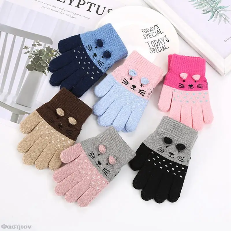 

Winter Thick Knit Boys Kids Newborn Mittens Children Keep Finger Warm Gloves For Baby 3-7Years Old Girls Cute Cartoon Cat Gloves