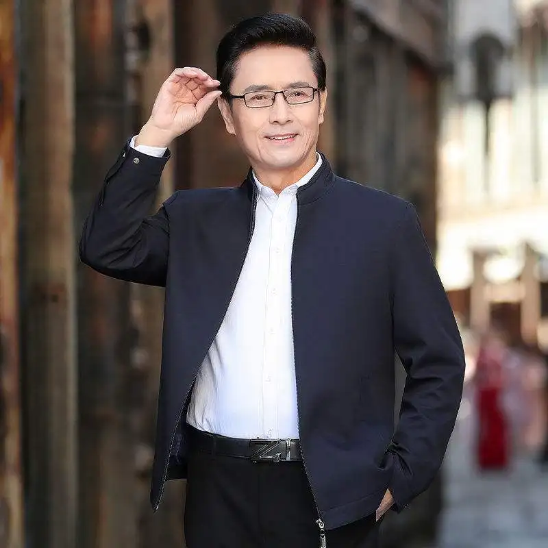 

Весенне-осенняя тонкая мужская куртка для среднего возраста, однотонная, с воротником-стойкой, длинными рукавами, свободного кроя