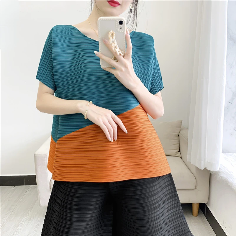 

ALSEY Miyake Pleated Tops Loose Plus Size T-shirt Fashion Casual Pleated Clothes Color Blocking Irregular 2024 Summer New