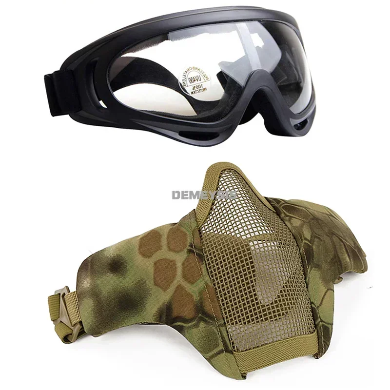 Airsoft Mask with Goggles Impact Resistance Hunting Shooting Sports Protection Face Mask Tactical Half Face Mask Goggles Set