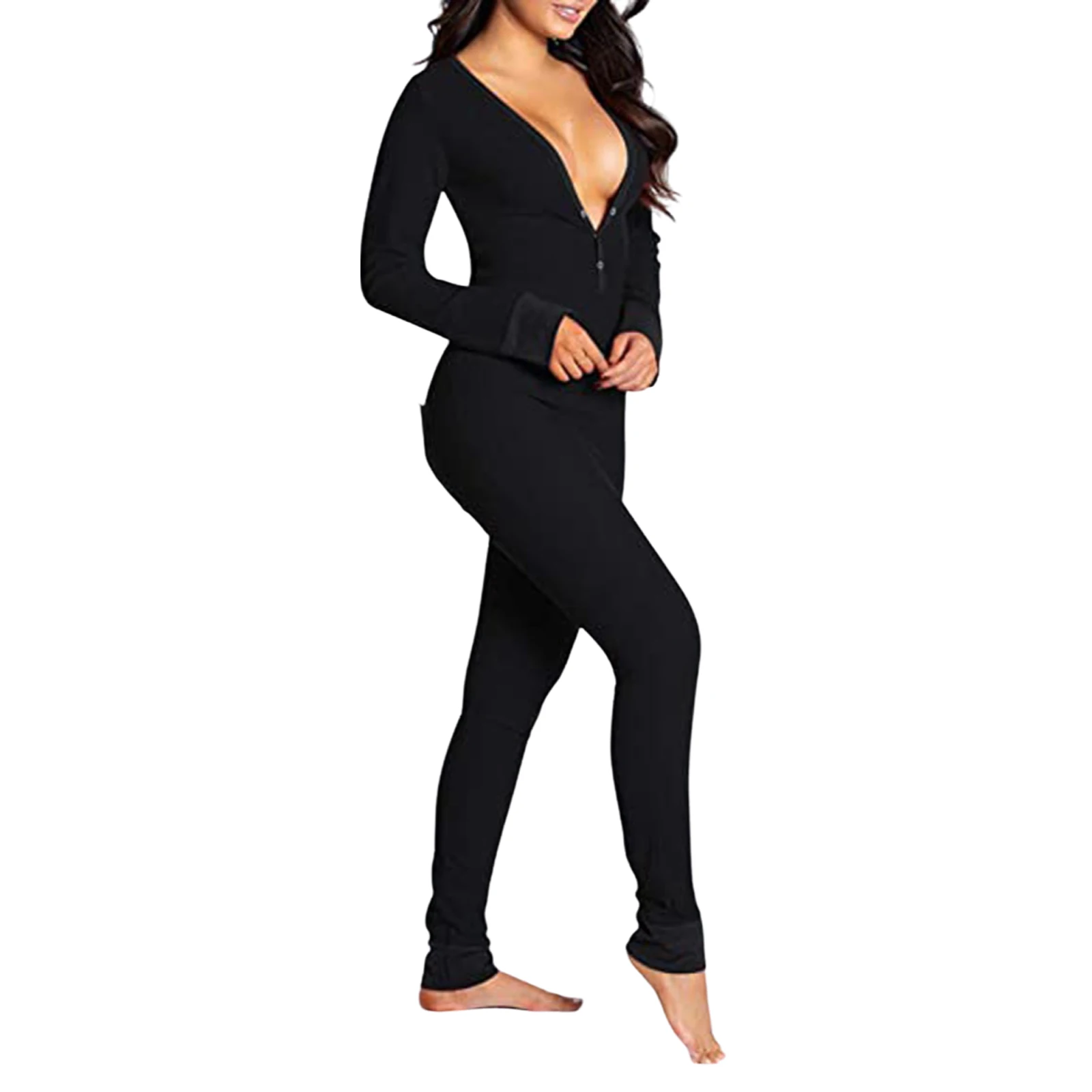 Women\'s Long Sleeve V Neck Bodycon Oneseies Stretchy Functional Buttoned Flap Pjs Sleepwear Romper Jumpsuit