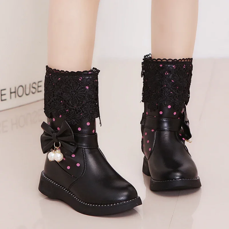 Children Fashion Leather Boots Versatile Lace Beautiful Elegant Princess Shoes PU Cotton Kids Shoes Classic Boots Drop Shipping