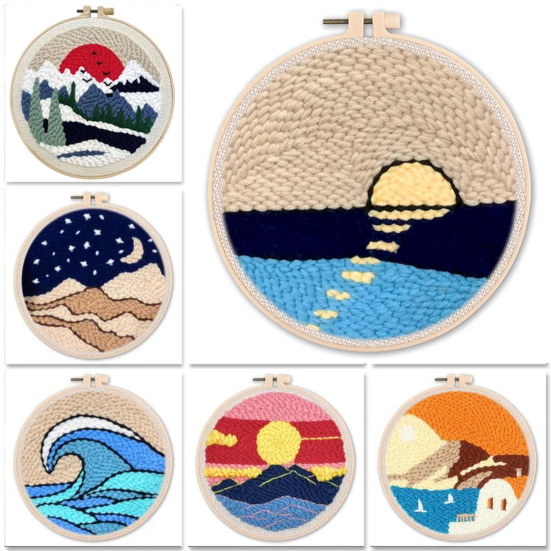 

DIY Punch Needle Embroidery Kit For Beginner Craft Punch Needle Set Rug for Starter Kits Landscape Pattern Tools For Knitting