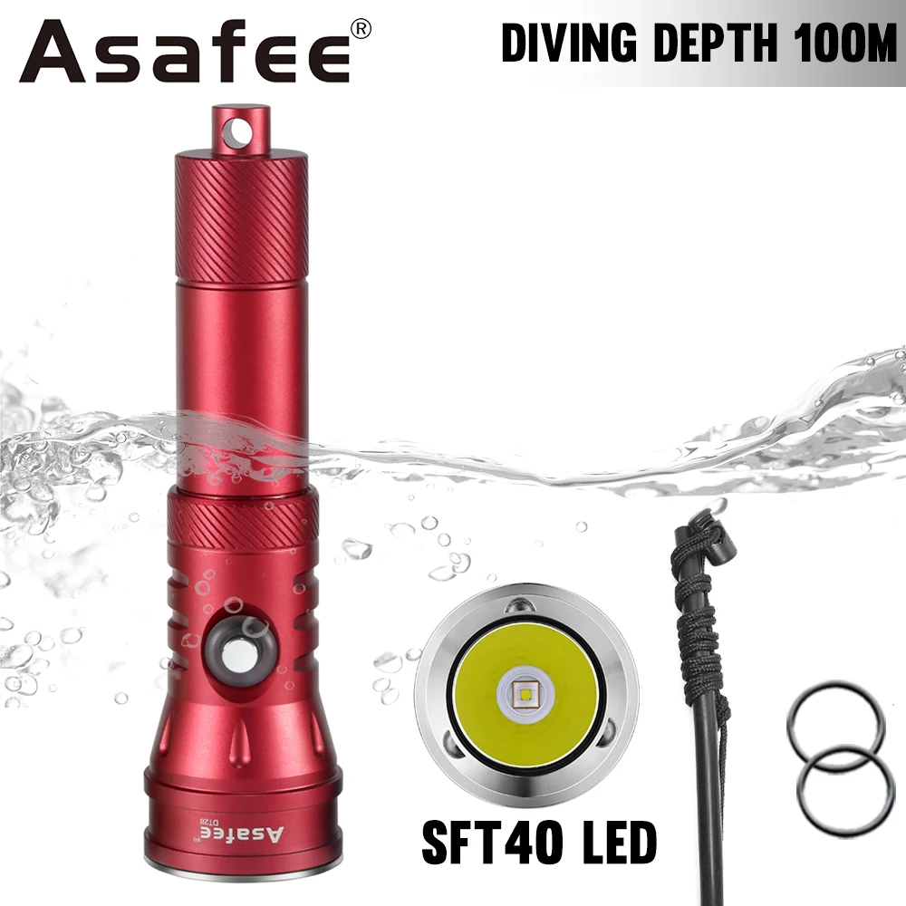 Asafee DT28 SFT40 2000LM Power Dive Lamp 100M Diving Dept Flashlight IPX8 Waterproof Potable Diving Backup Torch 21700 Battery