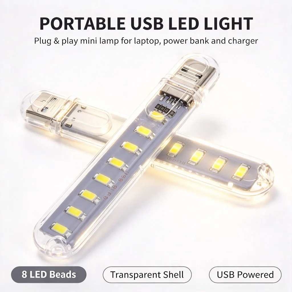 2PCS Mini USB LED Night Light, 8 LED Chips 5V Portable Reading Lamp, Warm White Pocket Book Light for Power Bank Laptop PC