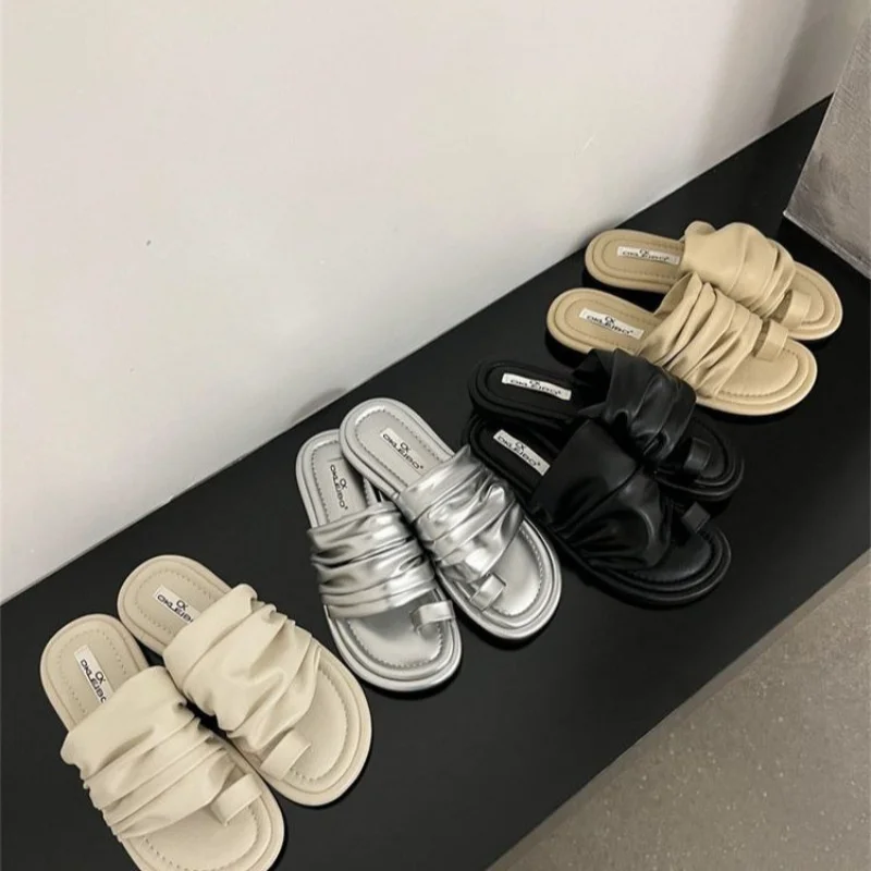 여성용 플랫 실버 클립 토 슬리퍼, 여성 패션 캐주얼 샌들, 2024 여름 플리츠 플립플롭, 야외 워킹 비치 슬라이드  Best5