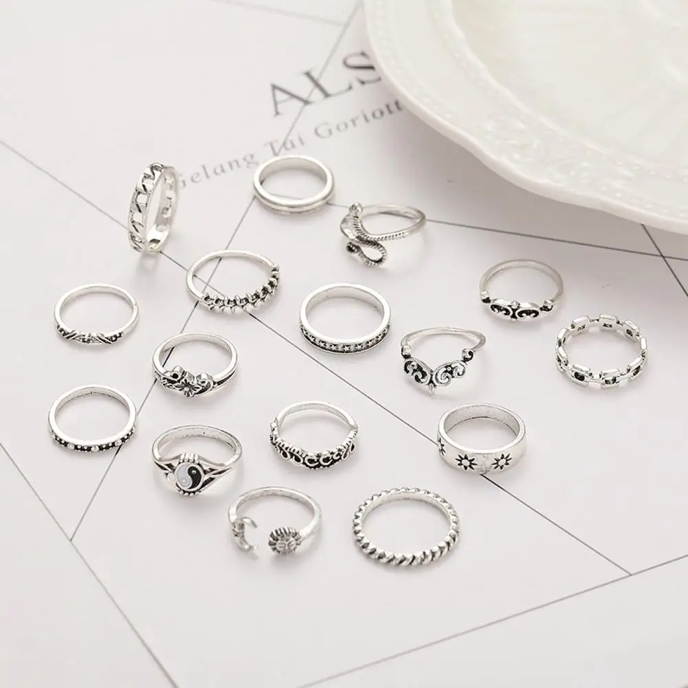 Ethnic Style Ring Set Stackable Ring Set 15-piece Women's Ring Set Retro Sun Snake Flower Shapes Adjustable Open Rings for Prom