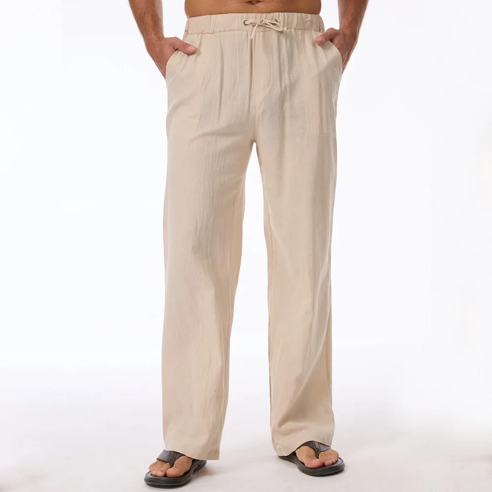 

Men's Cotton Linen Pants Solid Color Breathable Lightweight Elastic Waist Straight Leg Long Pants Male Casual Cozy Trousers