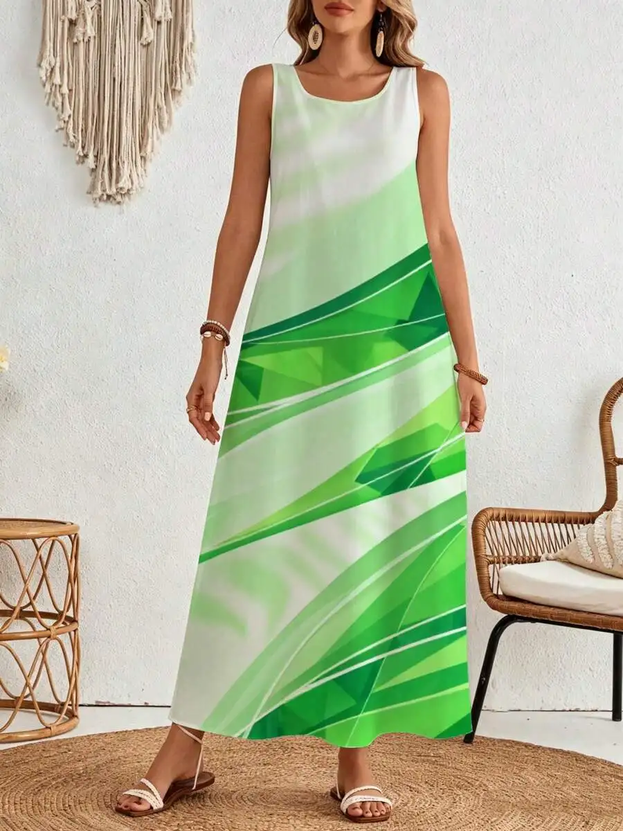 

Sleeveless Maxi Dress Green Abstract Geometric Print Summer Beach Vacation Wear