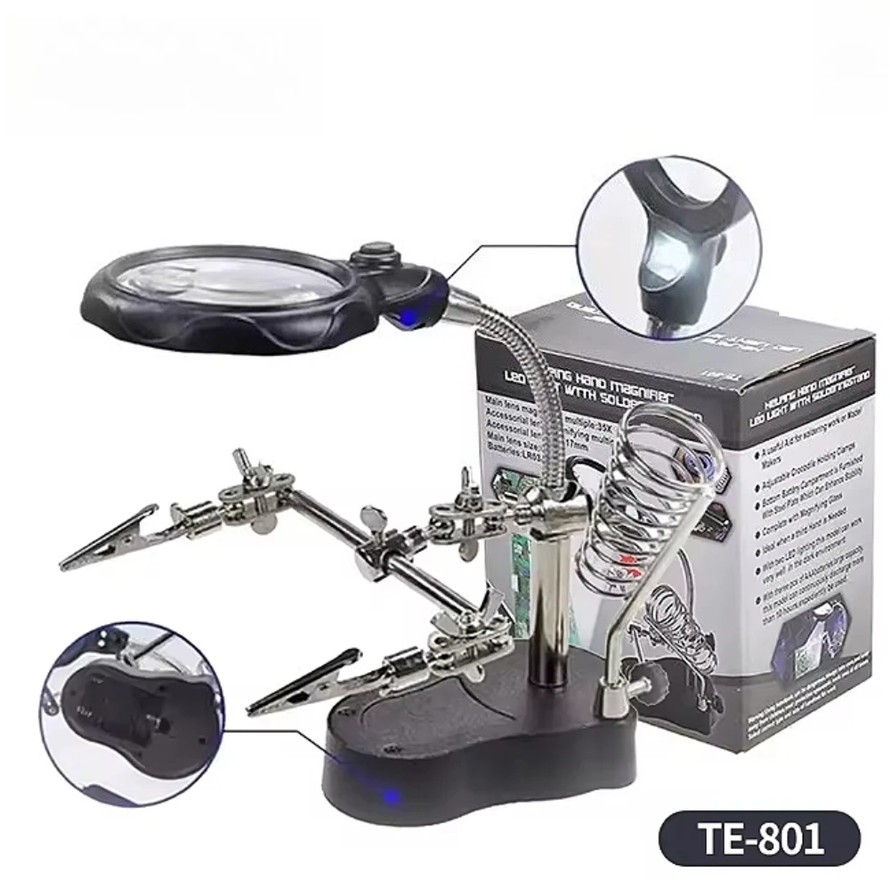 

Soldering Iron Station Stand With Welding Magnifying Glass Clip Clamp Third Hand Helping Desktop Magnifier Soldering Repair Tool