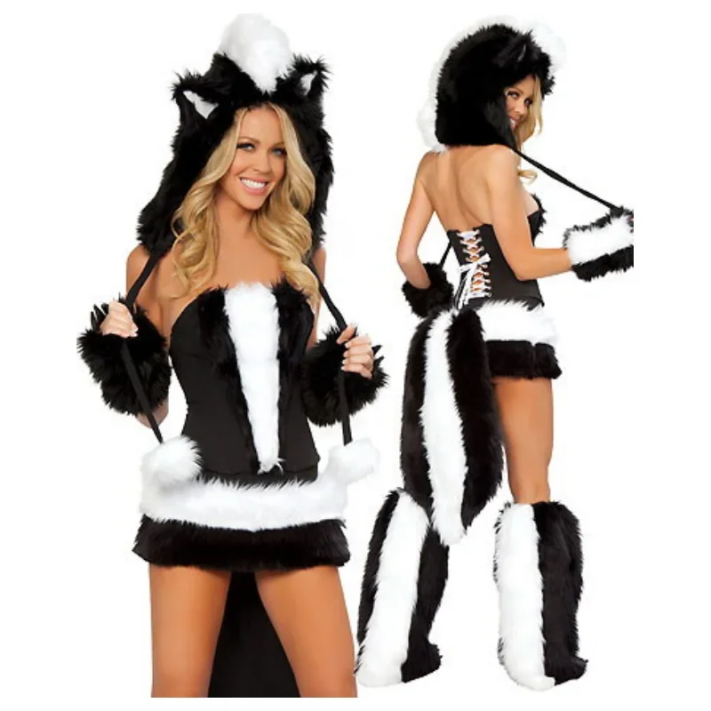 

Cosplay Costume Luxurious Animal Cosplay Corset with Black and white fur top skirt tail hood gloves leg warmers