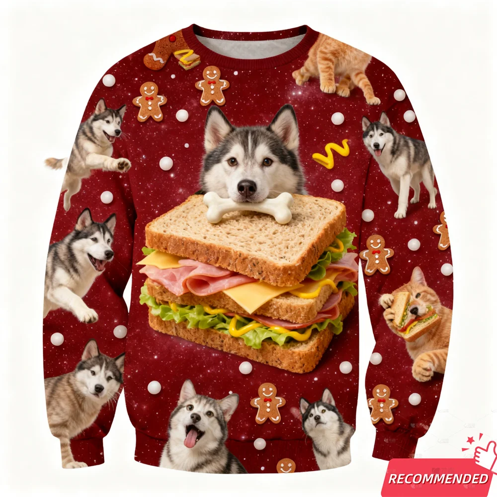 Ugly Christmas Sweater Sandwich Egg Tart Cookies 3D Print Sweatshirts Pullover Kawaii Pet Cat Dog Casual Christmas Sweaters Tops