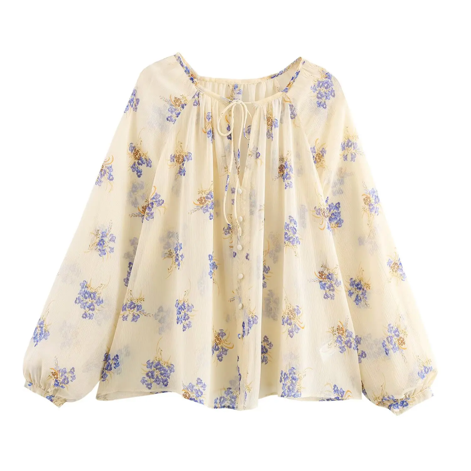 

Flower Oversized Chiffon Blouse Women Fashion Embroidered Lace Bubble Sleeve Single Breasted Bow Lace Up Shirt 2025 New Summer