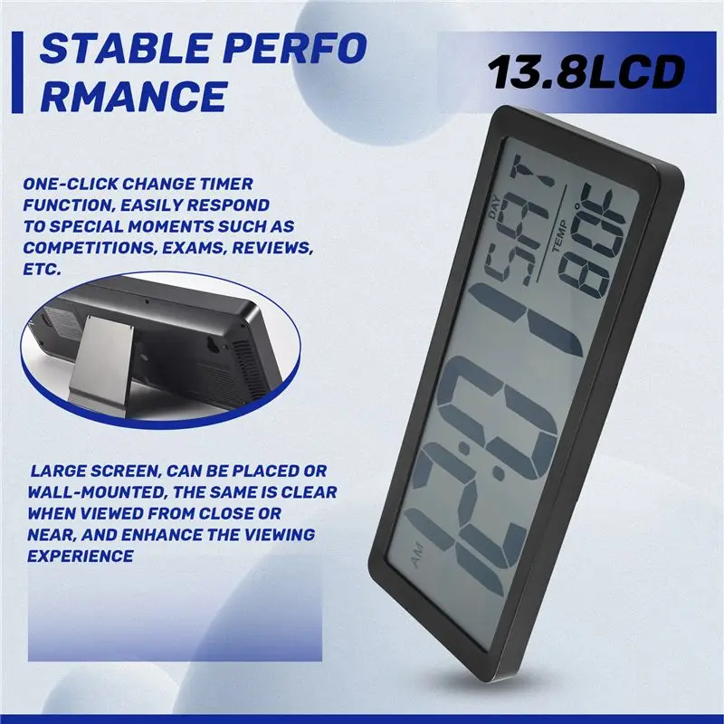 A11E-Square Wall Clock Series, 13.8Inch Large Digital Jumbo Alarm Clock, LCD Display, Multi-Functional Upscale Office Decor Desk
