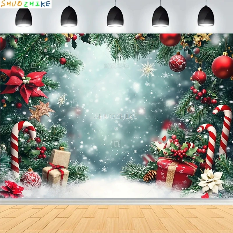 

Christmas Day Wreath New Year Photography Backdrops Wooden Door Window Living Room Xmas Tree Gift Snow Party Background DC-06