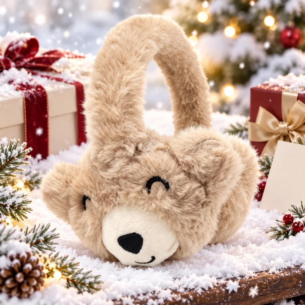 Beige Bear Face Earmuffs Ear Muffs for Kids Children Girls Boys Soft Plush Animal Headband Cute Winter Outdoor Fashion