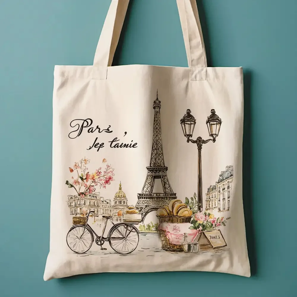 1 Piece of Fashionable Parisian Street Style Canvas Shoulder Bag with Eiffel Tower, Pastry, and Floral Designs image 5