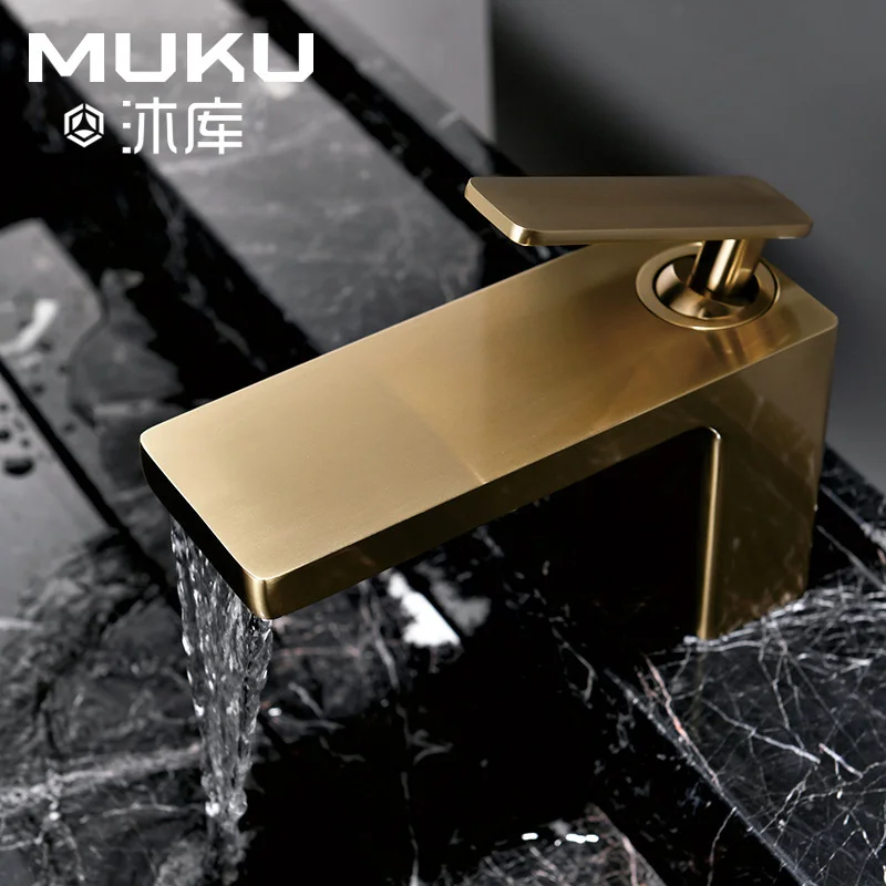 

Muku European Batheoom Waterfall Washbasin Faucet PVD Brushed Gold All Copper Cold&Hot Single Hole Gun Grey Black Basin Faucets