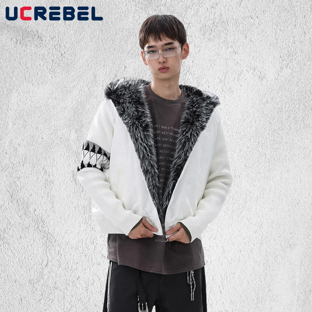 

Knitted Contrast Paneled Quilted Jacket Mens Winter Thick Retro High Street Hooded Long Sleeve Loose Padded Jacket Man