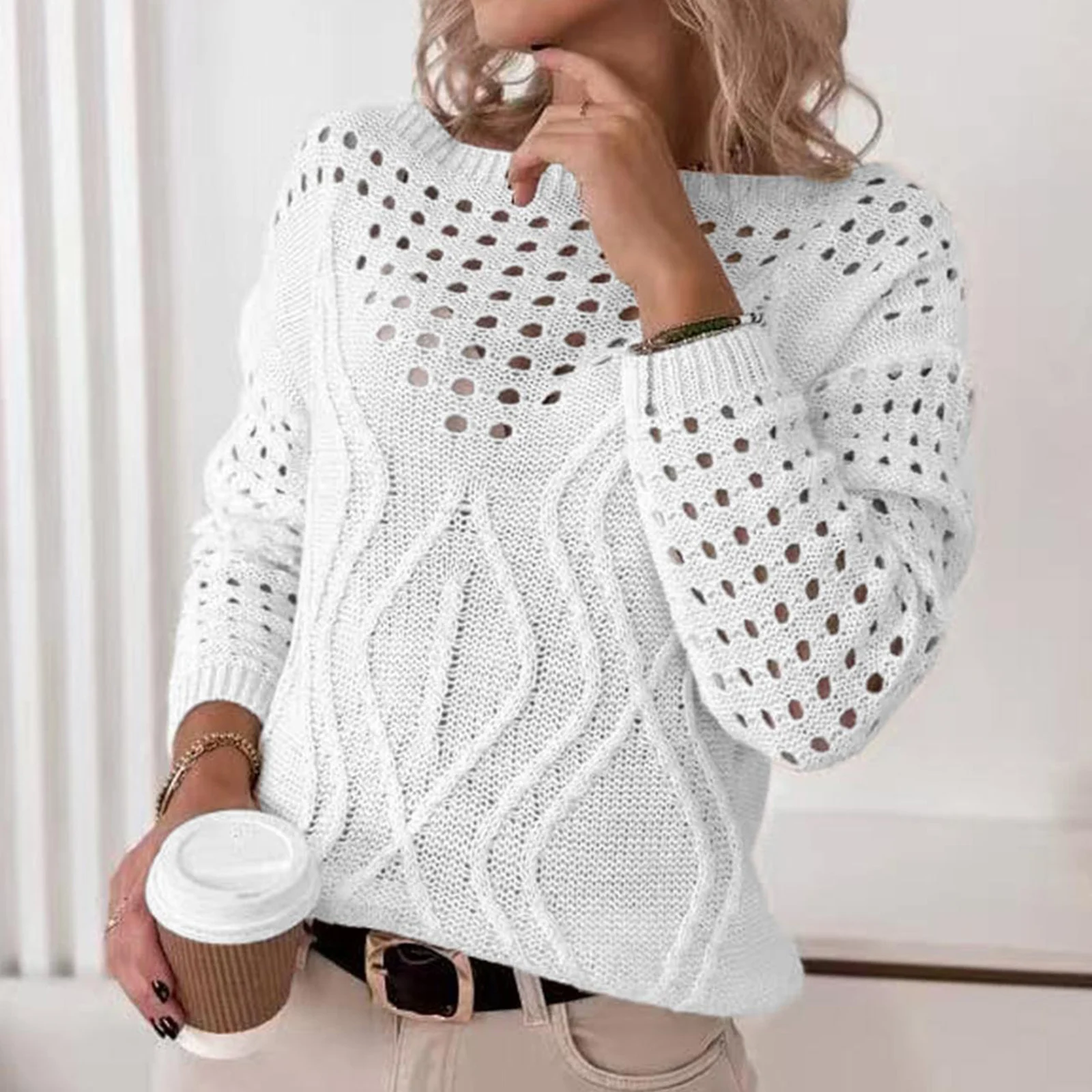 

2025 женская мода, повседневный однотонный свободный пуловер на одно плечо с длинными рукавами, полый свитер с длинными рукавами, Ropa De Mujer