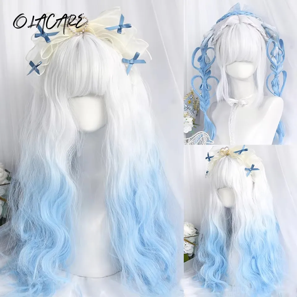 

Long Curly Wave Wig with Bangs White Biue Cosplay Wig for Women Daily Party Natural Soft Synthetic Hair Heat Resistant LM
