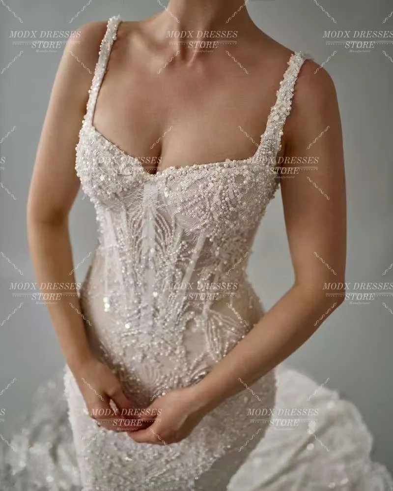 MODX Abito da sposa a sirena con spalline in pizzo di lusso Abito da sposa Lunghezza pavimento Abiti personalizzati Novias Boda Donna