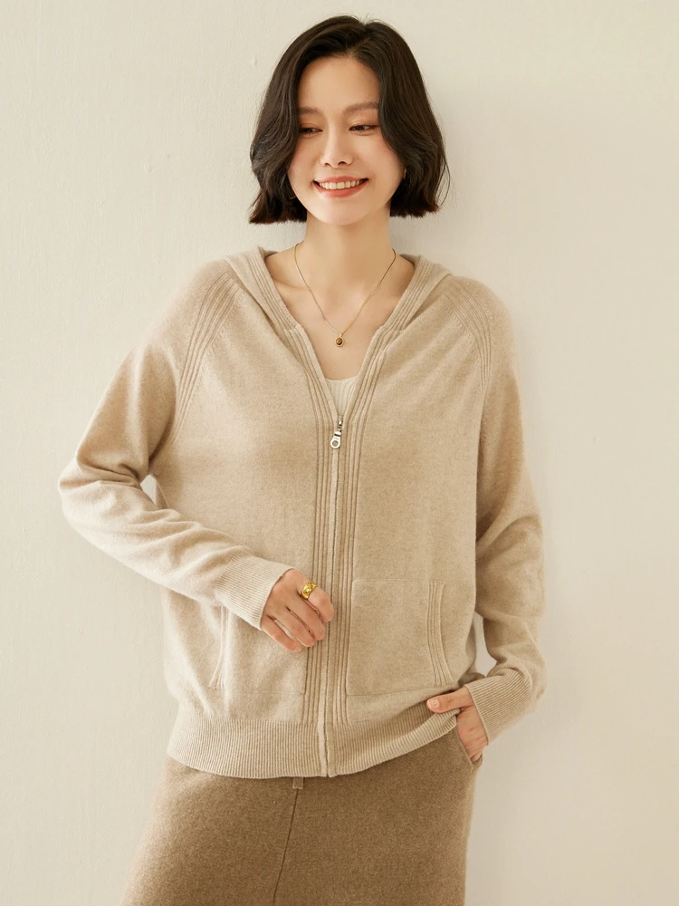 

Autumn Winter Zipper Hoodie Cardigan Women's 100% Cashmere Sweater Knitwear Chic Long Sleeves Warm Coat Soft Grace Casual Top