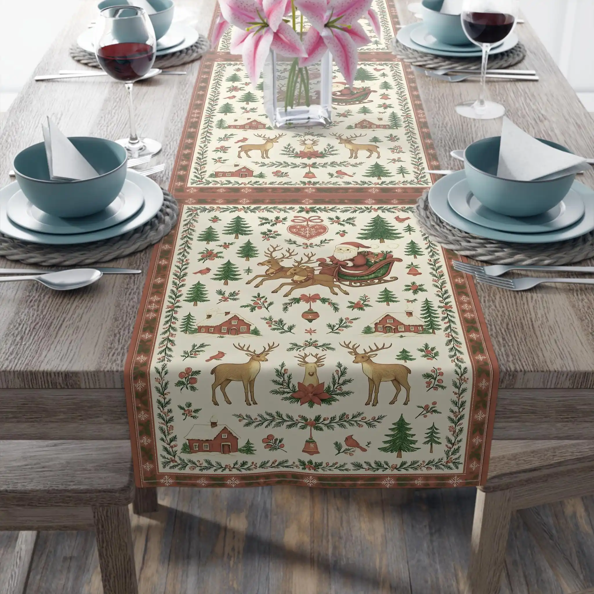 Nordic Reindeer Santa Sleigh Christmas Table Runner, Woodland Folk Art Winter Holiday Kitchen Dining Table Scarf Decor