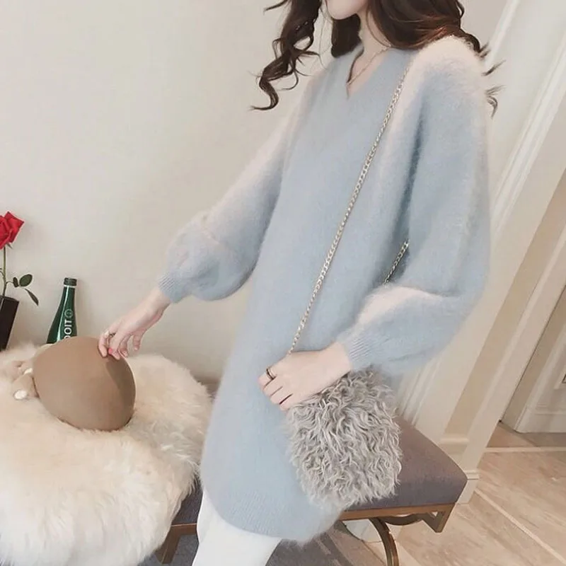 2023 Fashion Loose Solid Color V-Neck Women's Dresses Spring Autumn Korean Temperament Long Sleeve Mini Dress Female Clothing