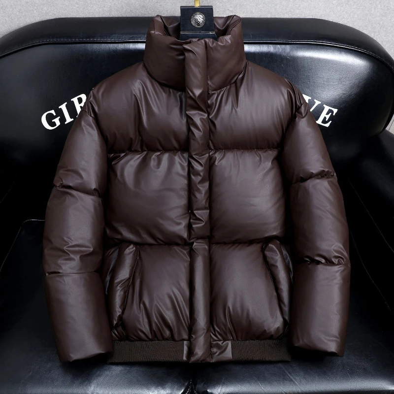 Winter Men PU Leather Puffer Jacket Wash Free Thick Warm Cotton Coat Male Trendy Bubble Parka Outwear New