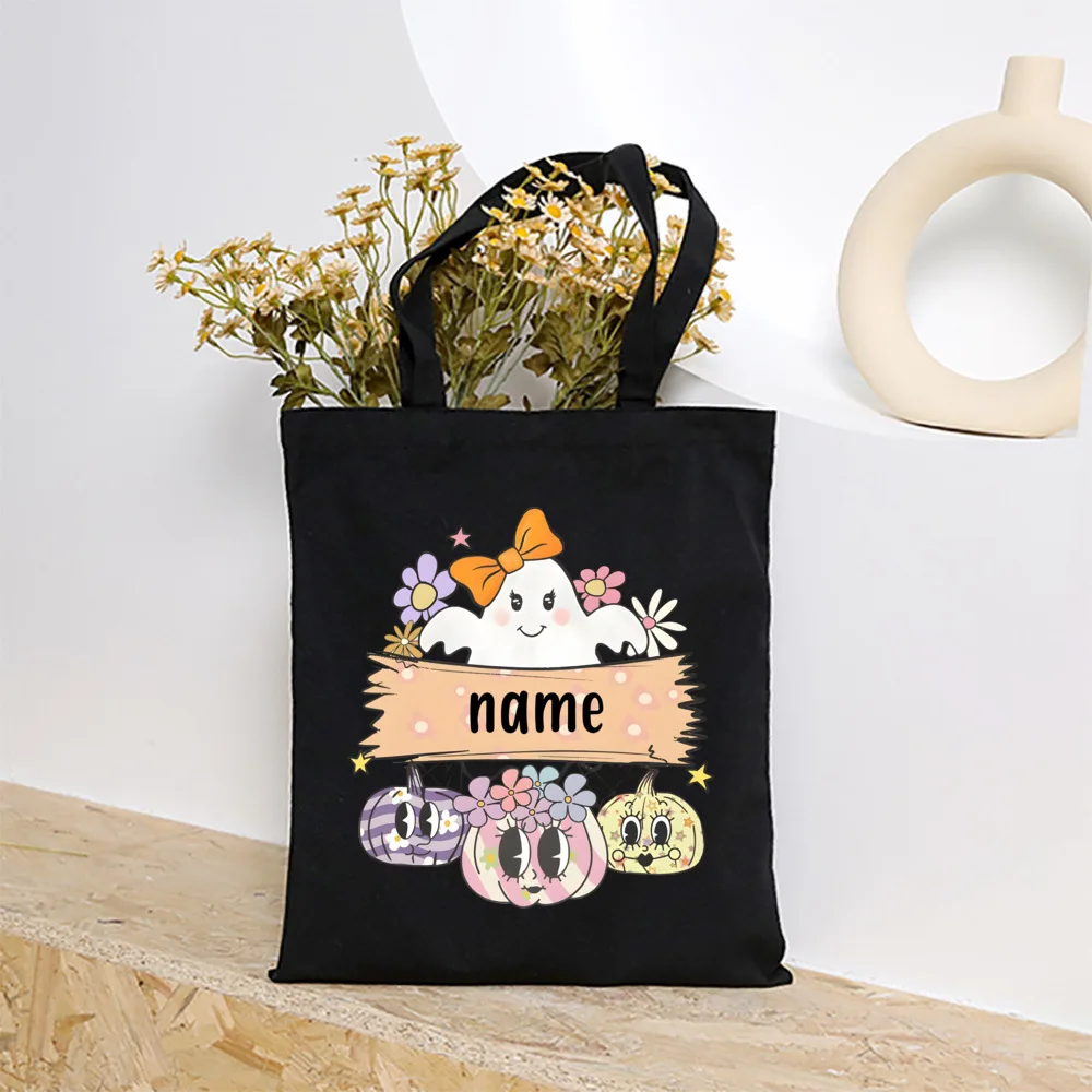 Custom Name Ghost&Pumpkin Print Halloween Canvas Tote Bag Personalize Portable Large Capacity Handbag Halloween Best Gift