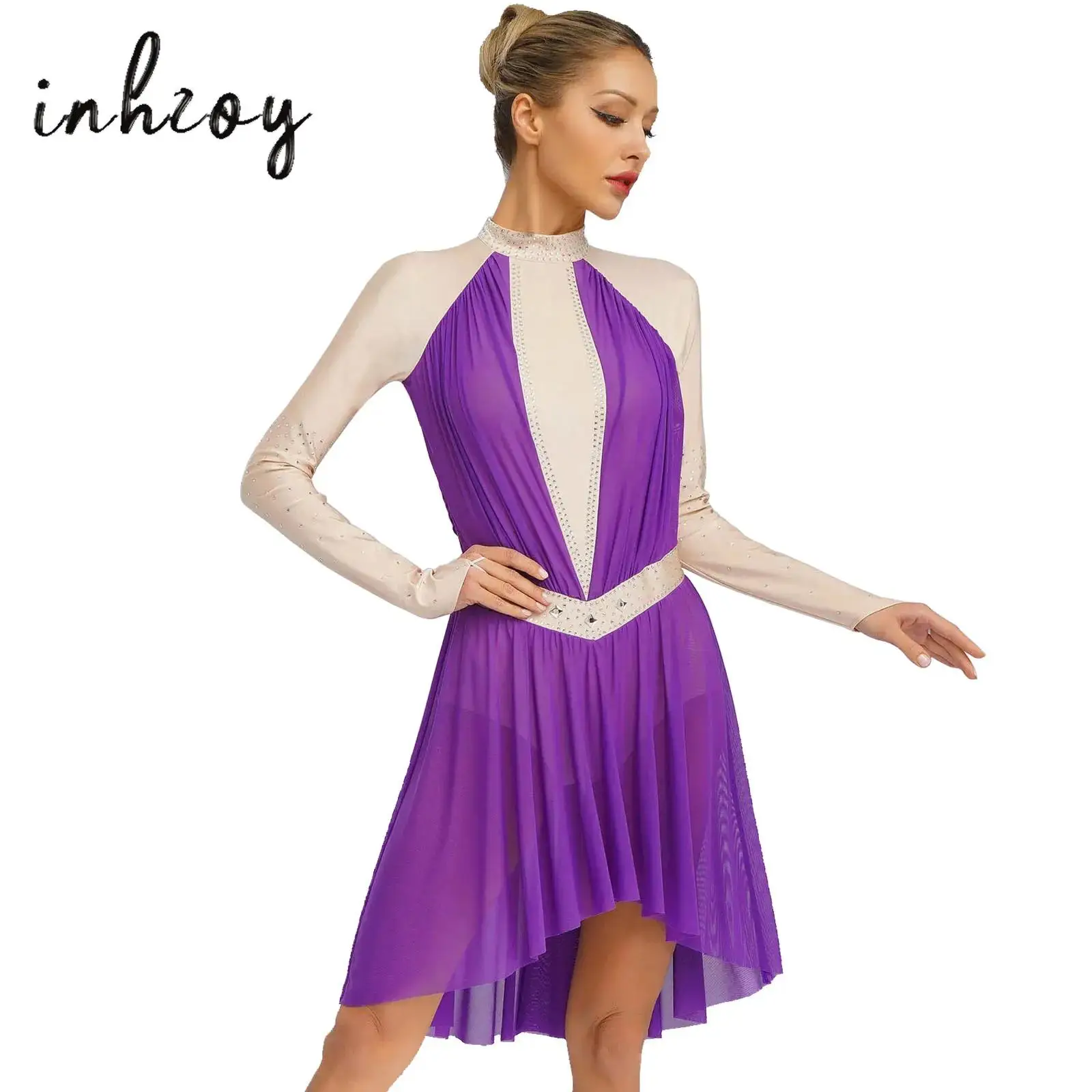 

Womens Modern Lyrical Dance Dress Shiny Rhinestones Mesh Skirted Leotard Figure Skating Gymnastics Leotard Dress Ballet Costume