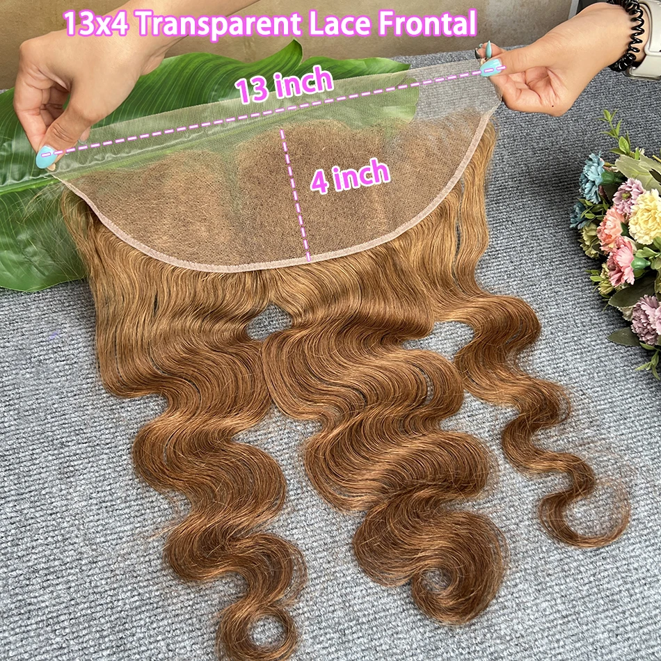 

#4 Brown Color Body Wave 13x4 Transparent Lace Frontal Human Hair Bleached Knots Preplucked Invisible Lace Closure Virgin Hair