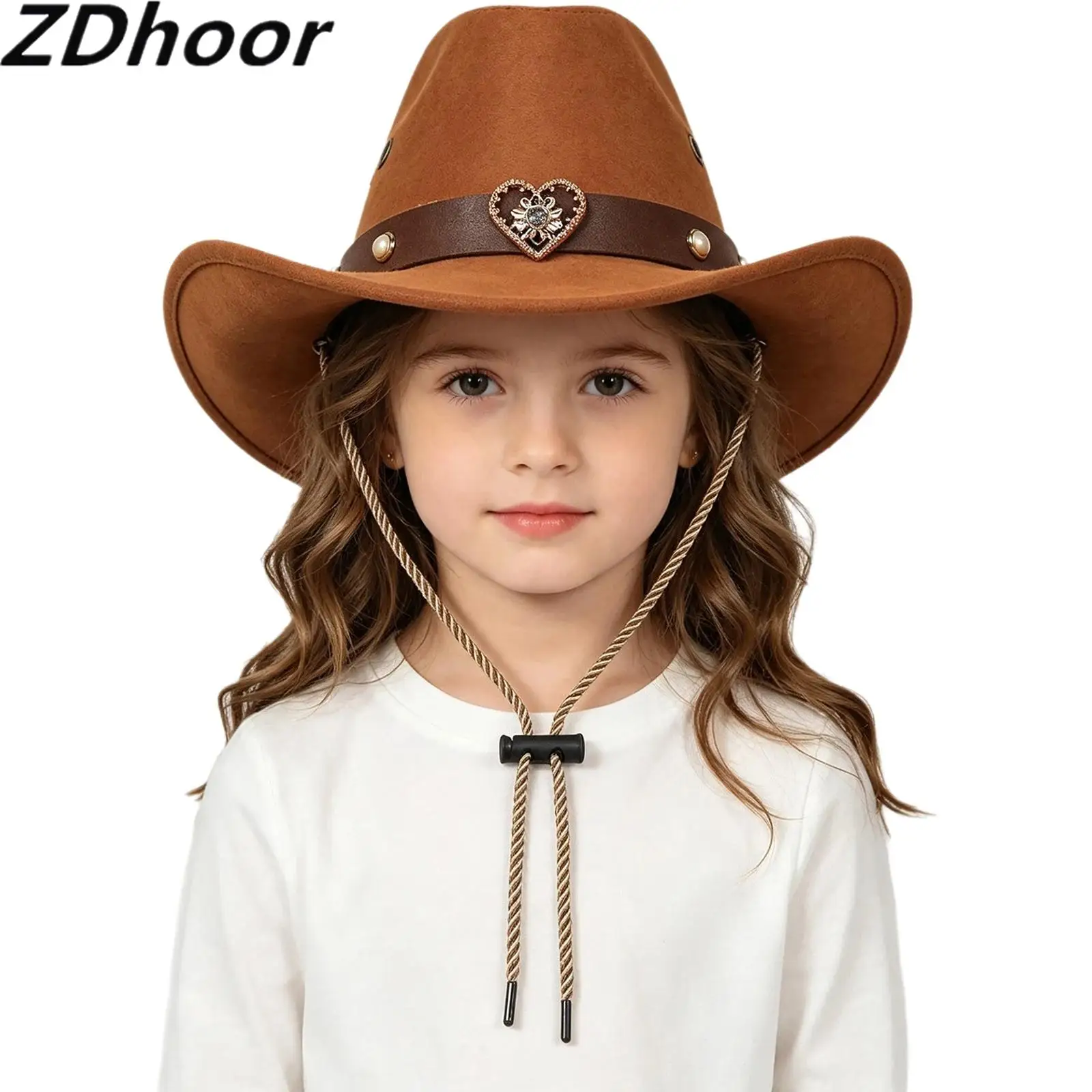 Unisex Kids Boys Girls Western Cowboy Hat Wide Brim Retro Band Decoration Cap Headwear with Adjustable String for Travel Outdoor