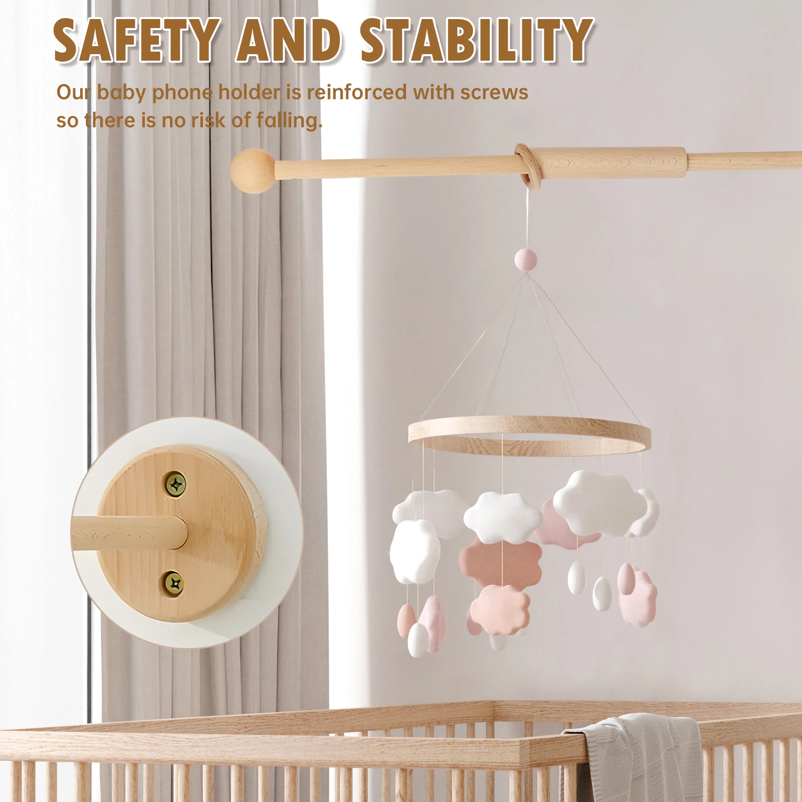 Crib Mobile Arm Wooden Bed Bell Floor-standing Mosquito Net Hanging Rod for Nursery Hanging Rattle Toy Pole Mobile Hanger Holder