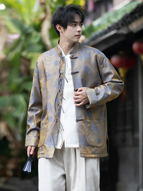 

Новая мужская шелковая куртка-жакет в китайском стиле с воротником-стойкой и вышивкой в ретро-стиле, элитная ткань брокад, верхняя одежда в стиле ханьфу