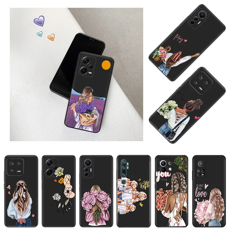 Chrysanthemum Rose Girl Phone Case for Xiaomi 12 Pro 12x 12t 13 Redmi Note13 13c 12s 12c Note12 Lite Shell Black Cases Cover