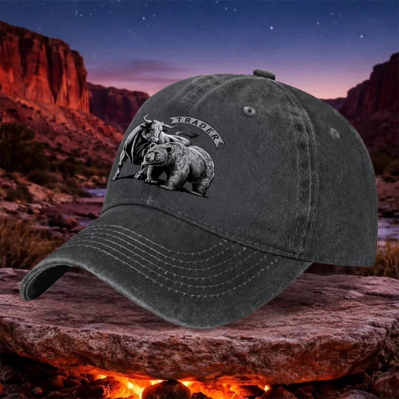 Bull Bear Market Trader Vintage Washed Baseball Cap Unisex Black Casual Outdoor Hat for Camping Hiking Sports Fishing