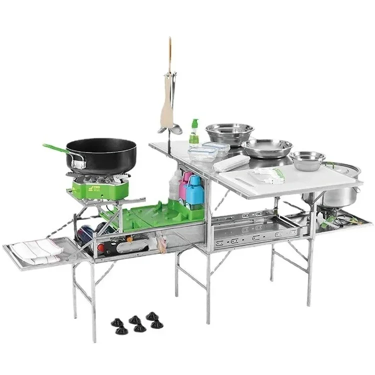 

Camping Mobile Kitchen Set RV Stove Cookware Folding Portable Folding Stainless Steel Kitchen Gas Stove Pot Camping Products