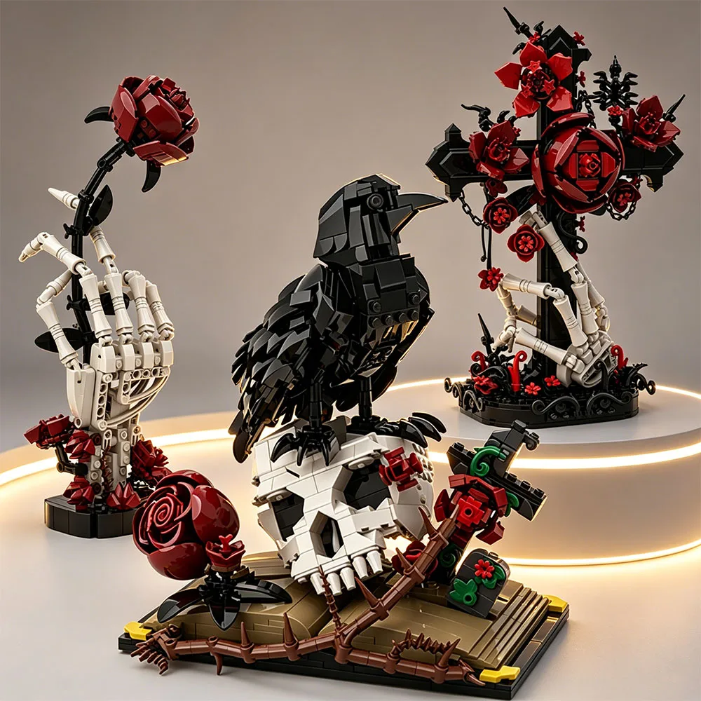 NOVO Kit de Modelo MOC: Buquê de Rosas com Caveiras Góticas e Flores, Decoração Gótica com Caveira de Corvo e Cruz, Presentes para Festas e Festivais