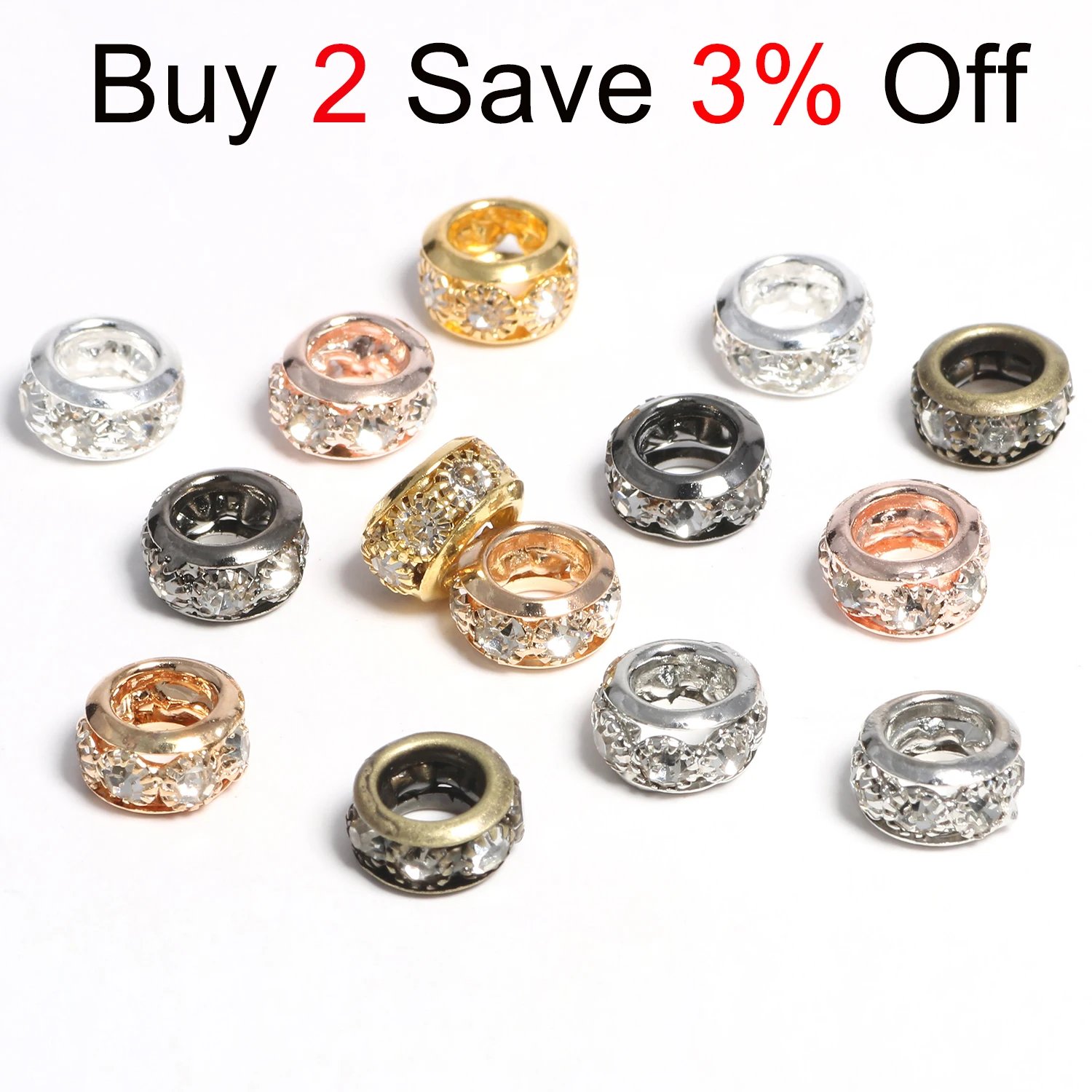 10pcs Big Hole Rhinestone Beads Crystal Pave Brass Rondelle Spacer Beads For Jewelry Making Fit European Bracelets DIY Supplies