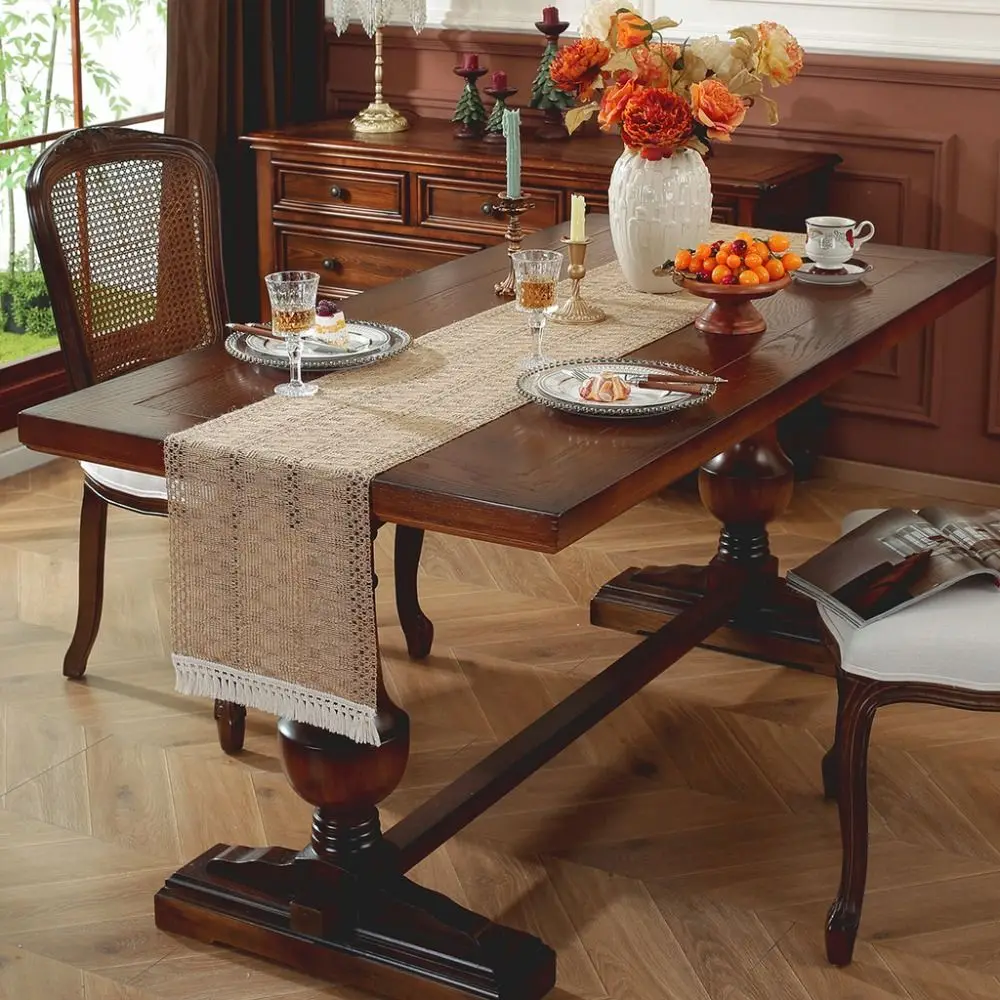 غطاء طاولة طعام مستطيل الشكل من القطن والكتان على الطراز الأمريكي مع شرابة بلون سادة #1