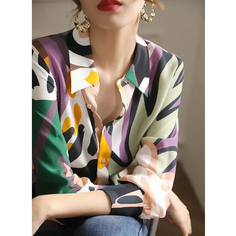 

Весна 2023, женская шелковая рубашка с длинными рукавами, винтажная чувственная ниша с цветными блоками и принтом, модная шелковая мода с защитой от моли