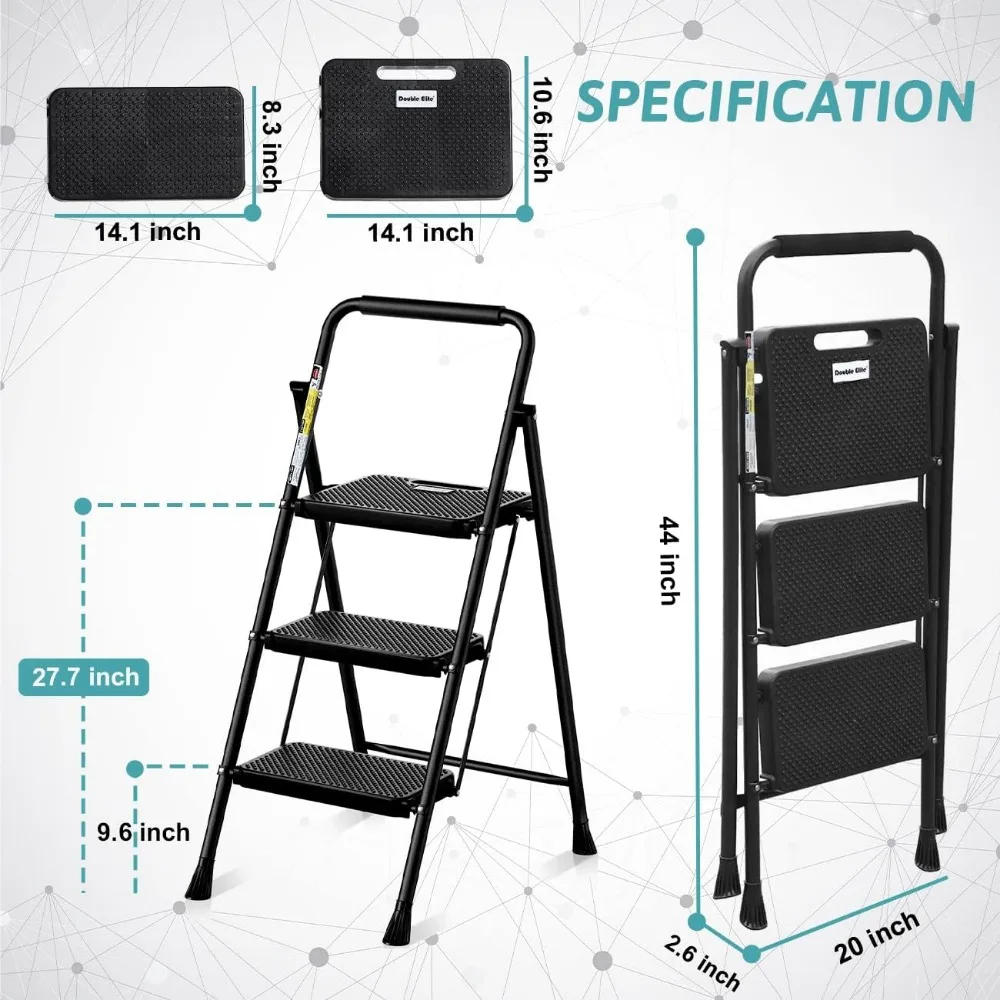 Step Ladder 3 Step Folding with Handgrip, 500Lbs Steel Step Stool, Folding Ladder Anti-Slip Wide Pedals, Portable Kitchen/Closet