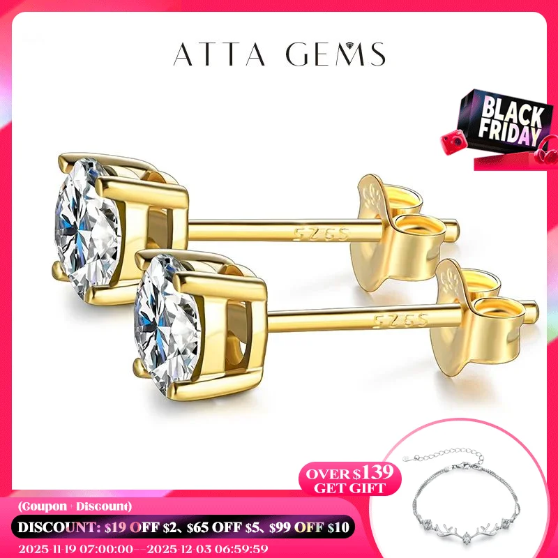 

ATTAGEMS 0.5-1 Carat D Color Moissatine 18K Gold Plated Stud Earrings For Women 925 Silver Earrings Wedding Bridal Fine Jewelry