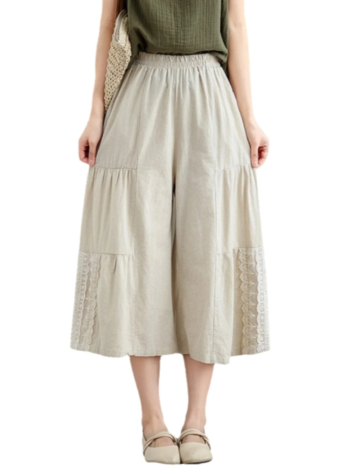 Baumwolle Leinen Breite Bein Hosen frauen Sommer Casual Spitze Trim Patchwork Sieben-Fuß Baumwolle Leinen Hosen Hohe Taille pendeln Sle