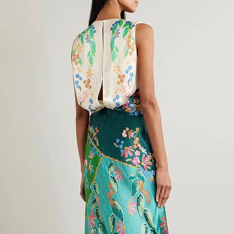 2025 New Retro O Neck Zipper Maxi Dress Summer Satin Floral Print Folds Party Dresses Spring Women Elegant Sleeveless Boho Dress